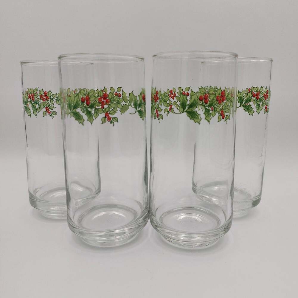 Vintage Christmas Holly Glasses Tumblers Set of 4 Clear Glass Holiday Barware